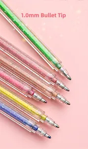 Detail of 1.0mm bullet tip and colorful glitter ink inside transparent gel pens
