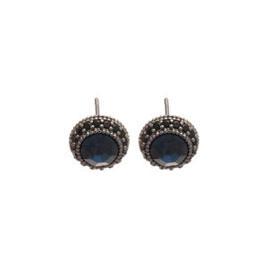 Vintage silver earrings with deep blue round crystal and black zircon halo studs