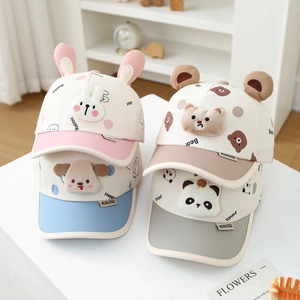 Baby cartoon animal baseball caps with bunny and bear ears in pink, blue, and brown
