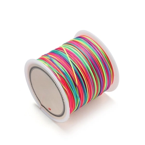 Macro shot of 72# rainbow polyester cord on a white spool for DIY jewelry making