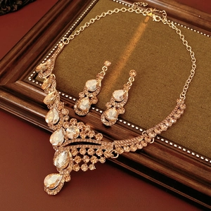 Parure de bijoux vintage dorée avec strass champagne, collier et boucles d'oreilles