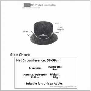 Size information chart for unisex tie-dye bucket hat showing brim and depth measurements