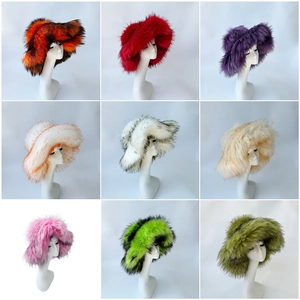 Detailed grid of faux fur bucket hats in nine vibrant patterns and colors for winter