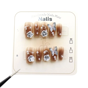 Brown gradient handmade press-on nails with 3D camellia, butterfly, and pearl accents
