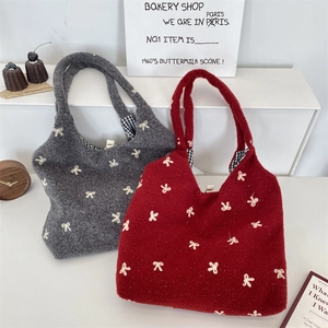 Bow Embroidery Plush Tote Bag Large Capacity Plaid Lining Shoulder Handbag For Women Sweet Casual Daily Wear