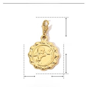 Detailed size specifications for gold angel charm showing 32mm height and 19mm width