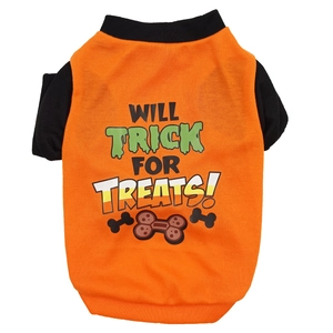 Detail of orange Halloween dog vest with black cuffs and printed spooky slogans