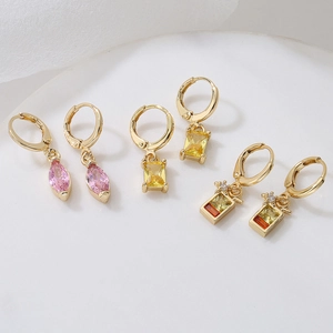 Gold Plated Copper Hoop Earrings With Geometric Cubic Zirconia Gemstone Dangle Niche Design For Women