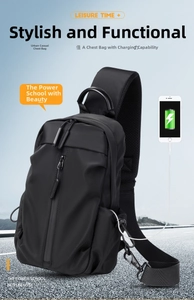 Detail of water-resistant black nylon chest bag showing external USB charging port