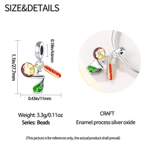 Detailed dimensions and macro view of silver food-themed pendants on a bracelet