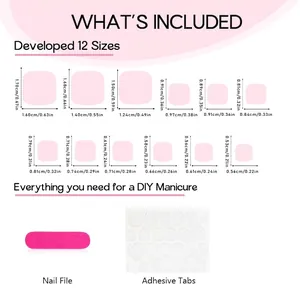 Size chart for pink press-on toenails showing 12 sizes with nail file and adhesive tabs