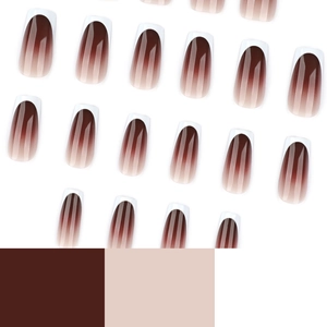 French tip press-on nails with brown gradient and white tips in medium long length