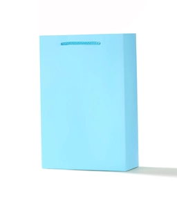 Front view of premium light blue paper gift bag with matching woven rope handles