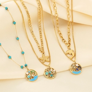 Collier Double Couche En Acier Inoxydable Thème Océan Or Pendentif Cocotier Étoile De Mer Dauphin Bijoux Künstliche Perle Turquoise Pour Femmes