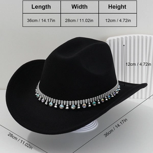 Western cowboy hat with rhinestone tassel and dimension measurements in black felt