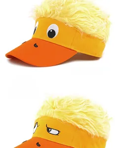 Detail showing high-quality yellow fuzzy duck hair and cartoon embroidery on funny baseball cap
