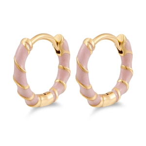 Minimalist gold spiral hoop earrings with soft pink enamel finish on white background