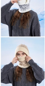 Close-up of knit winter balaclava with warm fleece lining and snowflake pattern