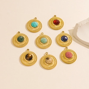 Set of 8 gold plated round natural stone pendants with textured sunburst metal edges