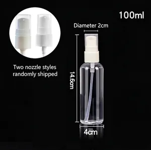 Macro detail of 100ml PET spray bottle with pump head options and size dimensions