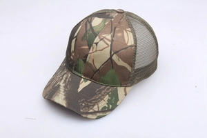 Detail of leaf camouflage baseball cap featuring breathable mesh back on white background