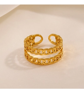 Detailed macro shot of gold double layer chain ring with polished adjustable open band