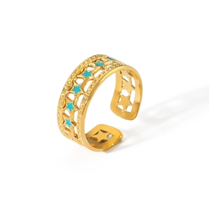 18K gold plated stainless steel adjustable star ring with teal enamel detailing