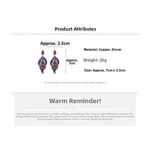 Detailed view of colorful zircon teardrop earrings with silver pin and metal specs