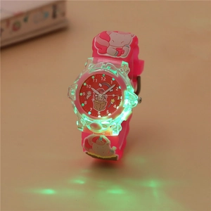 Pink silicone children's watch with luminous green LED and cartoon unicorn patterns
