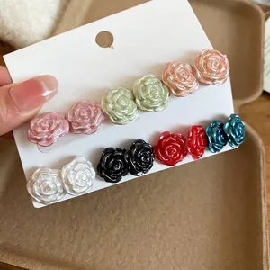 Rose Flower Stud Earrings Pearlescent Resin Imitation Artificial Pearl With Silver Earring Post Elegant Fashion Jewelry For Women