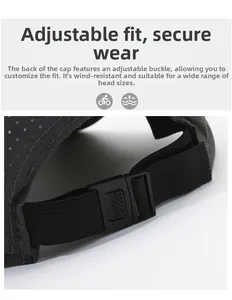 Dettaglio della chiusura regolabile e cinturino elastico su cappello mesh nero