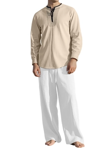 Close-up of beige linen Henley shirt featuring detailed neckline stitching and buttons