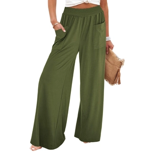 Olive green high-waisted wide-leg pants with elastic waistband and functional pockets
