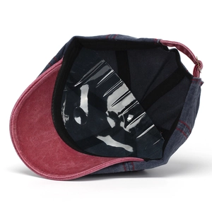 Vintage navy denim beret with red contrast brim and adjustable metal buckle strap