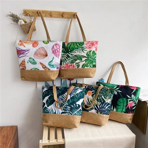 Women Large Capacity Canvas And Linen Patchwork Tote Bag Tropical Plant Floral Ocean Print Casual Shoulder Beach Bag