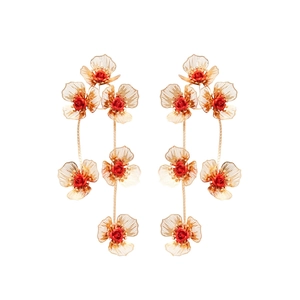 Elegant gold flower tassel earrings with red floral petals for vintage jewelry lovers