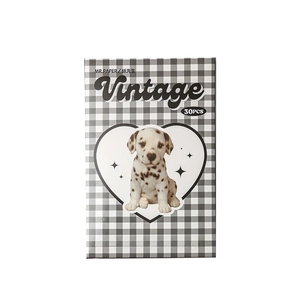 Vintage style postcard box with dalmatian illustration and black white checkered pattern