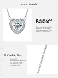 Close-up of heart-shaped 925 sterling silver necklace with D color VVS1 Moissanite