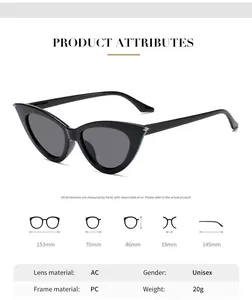 Size chart showing dimensions and technical specifications for cat eye sunglasses