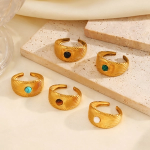 Vintage Stainless Steel Open Rings For Women Gold Plated Sun Texture Natural Stone Turquoise Malachite Adjustable Geometric Finger Ring