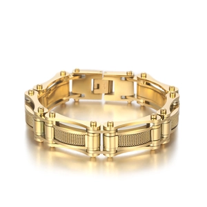 Gold vacuum plated stainless steel mesh chain bracelet with industrial rocker style for men