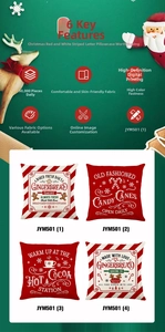 Detail showing four festive red and white Christmas pillow covers with holiday motifs