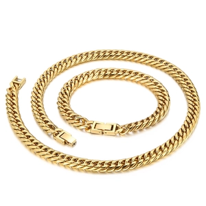Ensemble collier et bracelet à double chaîne en denim doré en acier titane poli