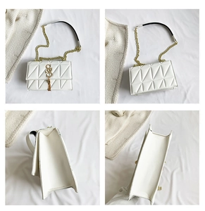 Detailed views of white quilted crossbody bag with gold chain strap and S-shaped buckle