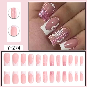 French style medium-long press-on nails with white gradient flowers and glitter designs