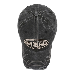 Vintage washed dark grey baseball cap with distressed details and New Orleans embroidery