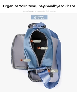 Vista superior del bolso bandolera de nailon azul con compartimentos y bolsillos