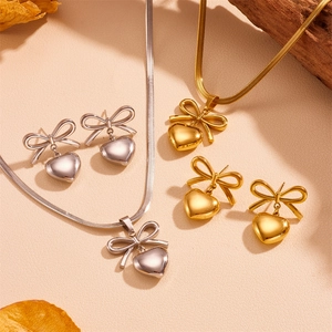 Bowknot Heart Pendant Necklace And Stud Earrings Stainless Steel Trendy Elegant Jewelry Snake Chain For Women