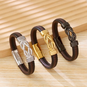 Braided Microfiber Leather Bracelet With Stainless Steel Infinite Knot Magnetic Clasp Punk Style For Men