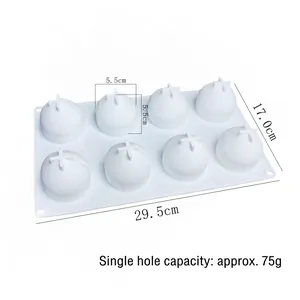 Detailed dimensions of 8-cavity white silicone mold for mousse cakes and chocolates